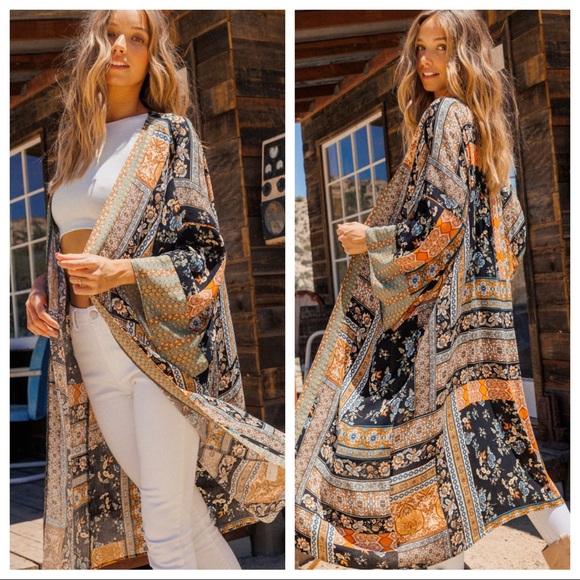 Boho Chic Multi Color Printed Long Kimono - Picture 3 of 4